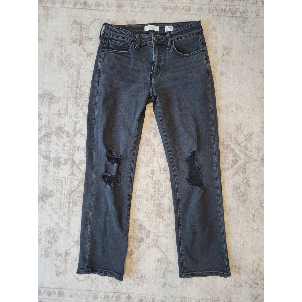 Kancan Women 26 Black Straight Leg Jeans Mid Rise Relaxed Fit Distressed Stretch